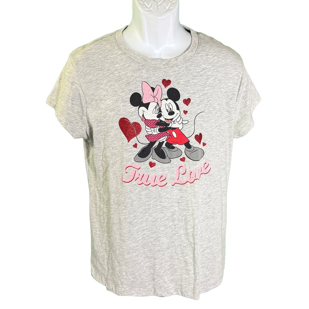Disney Mickey Minnie Mouse Graphic Tee Women XL Gray True Love Glitter Hearts